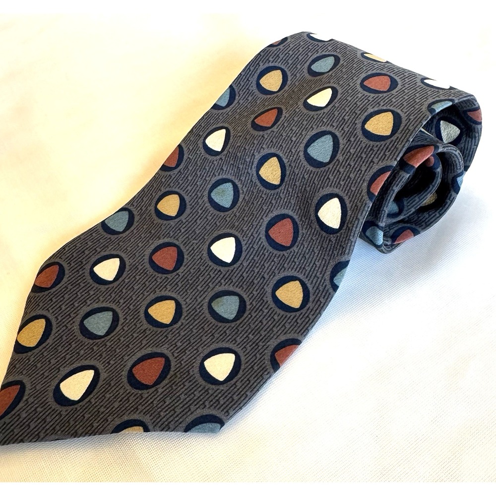 Nino Cerruti Mens Neck Tie Silk Gray Multicolor Large Ovals Made in USA 56 inch